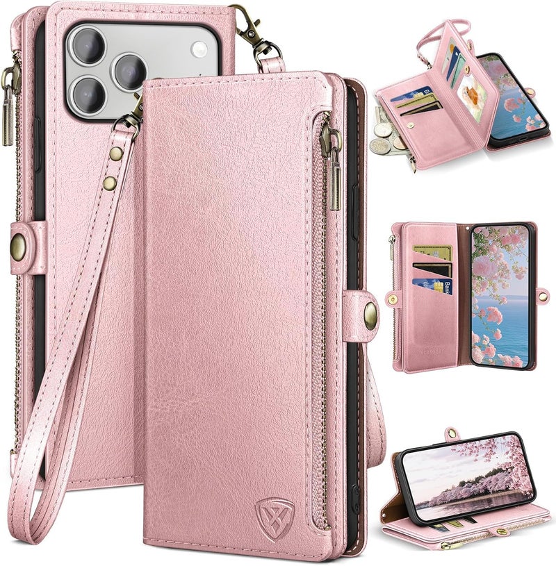 XcaseBar Compatible with iPhone 17 Pro Max 6.9" Wallet case with Zipper Credit Card Holder【RFID Blocking】,Flip Folio Book PU Phone case Shockproof Cover Women Men for Apple 17 Pro Max case Rose Gold - Image 1